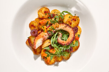 Top View of Grilled Octopus Tentacles with Potato Gratin on White