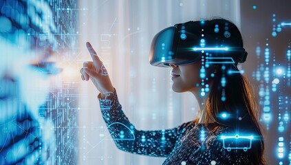Young woman immersed in cutting edge world of virtual reality working with advanced technology and network systems captures and futuristic concepts VR glasses and interacts with digital interface