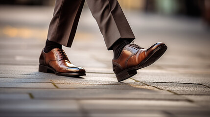 Close-up of a businessman's feet in elegant brown shoes taking a step on a city street