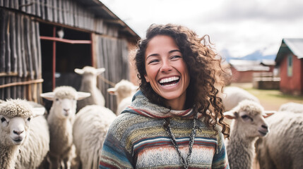 A woman in a gray alpaca sweater, joyfully frames her face with her hands in a rustic South American village. - obrazy, fototapety, plakaty