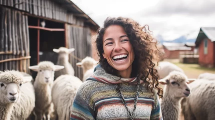 Foto auf Acrylglas Antireflex Heringsdorf, Deutschland A woman in a gray alpaca sweater, joyfully frames her face with her hands in a rustic South American village.