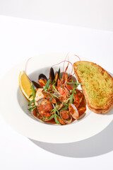 Seafood Sauté with Tomato Sauce and Ciabatta Crouton, a Delectable Medley for Seafood Lovers