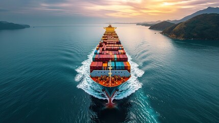 An aerial view of a container ship carrying containers on the high seas. The business of export import logistics and international transportation concept.