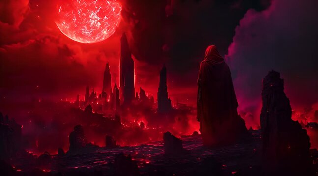Hooded wayfarer examine the next city he visits as it is being illuminated by a red moon and engulfed with big clouds