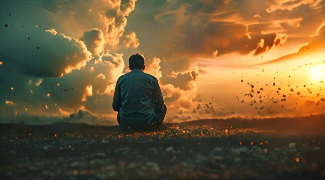 Man sitting calmly and resign himself to his fate as he witnesses a nuclear explosion in the distance