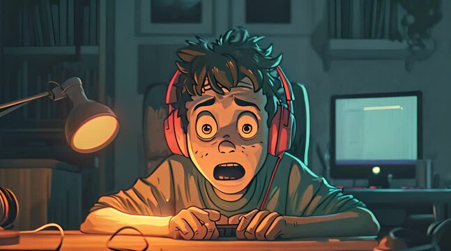Young cartoon boy listening to a scary story with a headset