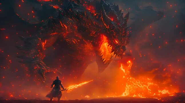 Fantasy knight holding a flaming sword faces a giant horned demon from hell