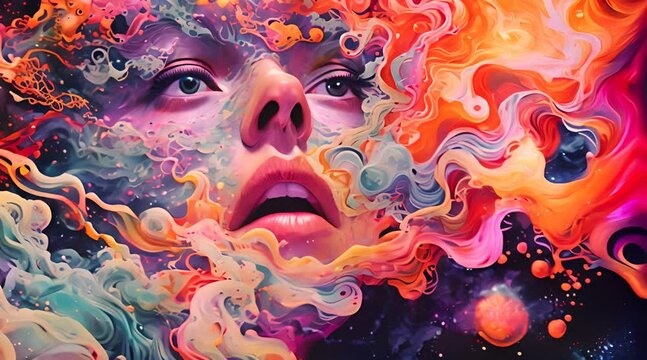 Abstract psychedelic art of a women's blinking face in a colorful smoke cloud