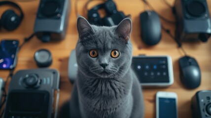 British Shorthair cat as a tech reviewer, surrounded by gadgets and giving tips on pet-friendly tech