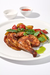 Grilled chicken tabaka with roasted potatoes and sauces, served on an isolated white background, perfect for restaurant menus