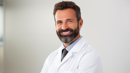 Approachable bearded medical expert from the Middle East, with a reassuring smile and confident posture, against a clear backdrop