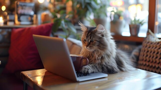 cat in a chic café, sipping a latte and typing on a laptop
