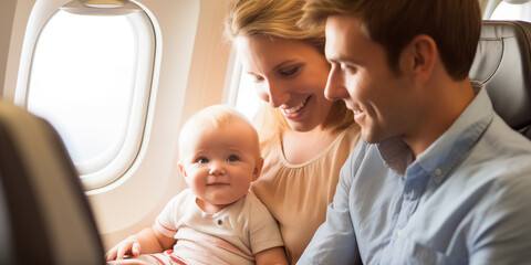 First family vacation unfolds as a couple and their baby nestle in an airplane.