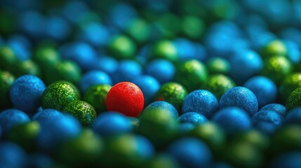 A single red ball in a sea of green and blue ones. Generative Ai.