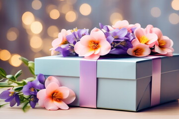 Gift Box Surrounded by Flowers and Bokeh