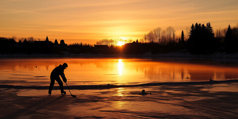Silhouette of a person playing hockey on a frozen pond at sunset - Powered by Adobe