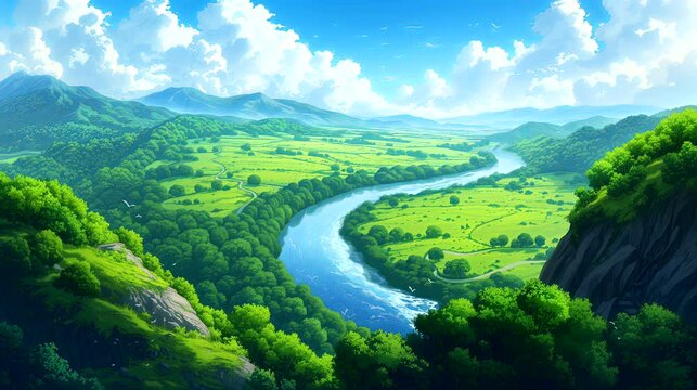 A meandering river cutting through a lush, green valley. Fantasy landscape anime or cartoon style, seamless looping 4k time-lapse virtual video animation background