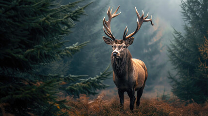 Forest Monarch: Majestic Stag in Misty Woods