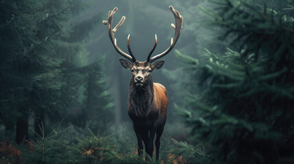 Forest Monarch: Majestic Stag in Misty Woods