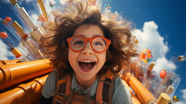 Excited kid with glasses and long hair at a science theme park