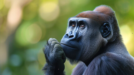 Obraz premium Thoughtful Gorilla Contemplating with Hand on Mouth in Natural Habitat