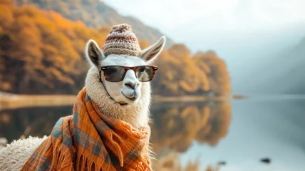 Fototapeten llama promoting sustainable fashion, wearing eco-friendly accessories in a scenic countryside © Manyapha