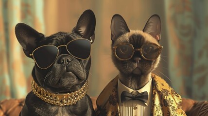 dog and cat duo as fashion influencers, walking a glamorous runway in the latest pet fashion trends
