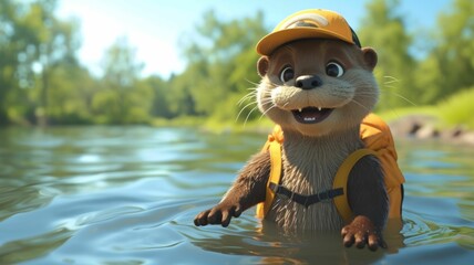 otter influencer demonstrating waterproof gadgets on a river adventure