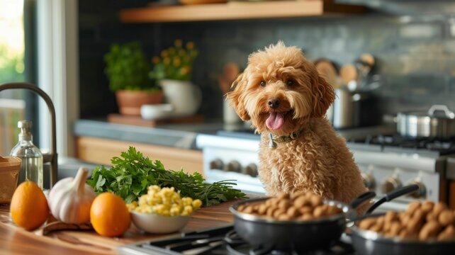 dog hosting a cooking show for pet treats, in a kitchen set up with healthy ingredients