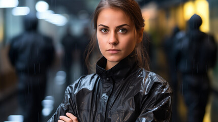 Fototapeta premium Female security guard standing in front of an entrance of the private facility or building
