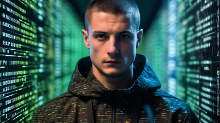 Computer programmer or hacker stands in a matrix of vertical codes represents programing, cybersecurity threats, breaching or hacking activities