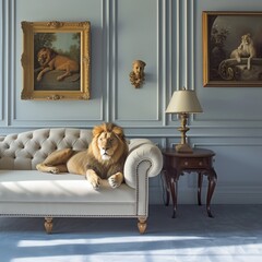 Majestic Lion Lounging on Elegant White Sofa in Classic Blue Room
