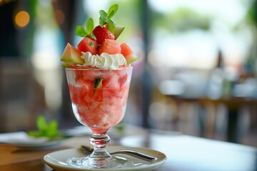 Cool and sweet watermelon juice and shake, watermelon ice. A refreshing drink for a hot summer day in a cafe. generative ai