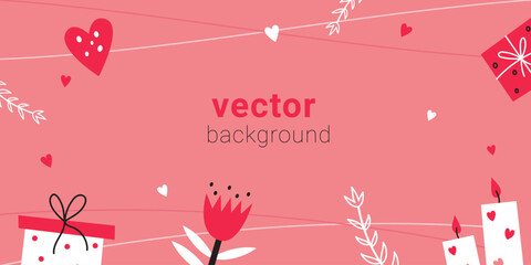 Valentine Day horizontal template with gift box, flowers and heart. Vector illustration for banner design on pink background