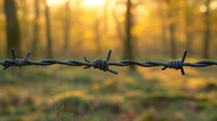 An image of a barbed wire fence up close. Generative Ai.