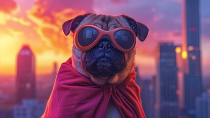 Pug Hero in Costume Advocates for Goodness Amidst City Views