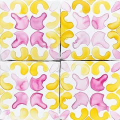 Tapeten Watercolor pink and yellow seamless tiles. Spanish pattern, tile collection. Ornamental background © Берилло Евгения
