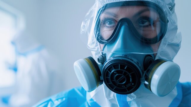 A Medical Doctor Or Pharmaceutical Room Lab Worker With In The Digital Age. Full Face Respirator Gas Mask