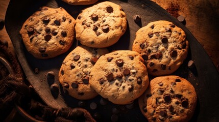 Shortbread cookies with chocolate chips. Close-up photo of delicious chocolate chip cookies.