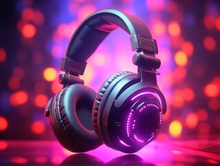 Fototapeta na wymiar Over-ear headphones with neon lighting in cyberpunk style. Backlit headphones. 3D render.