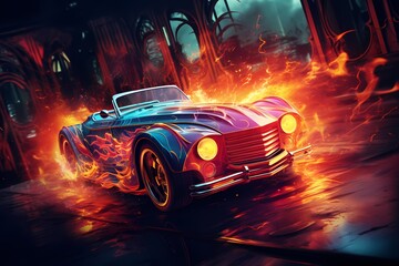 Futuristic neon-inspired artwork featuring a vintage Roadster Oldtimer immersed in intense, electrifying flames