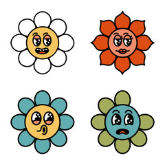Cute groovy flowers cartoon characters. Daisy with funny face. Design element in trendy retro style. 