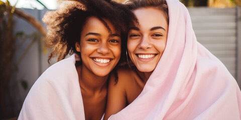Multi-ethnic lesbian couple under pink blanket in camping