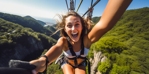 Woman bungee jumping in wild forest landscape.