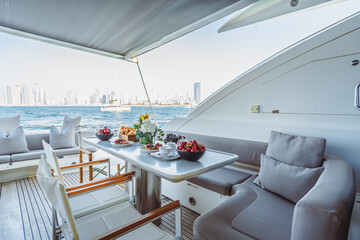 Luxury living onboard a motor yacht - obrazy, fototapety, plakaty