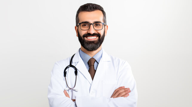 Friendly Middle Eastern physician with a beard, standing confidently with arms crossed, on a neutral white background