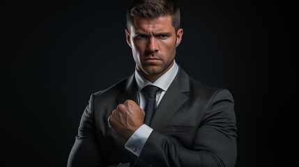 Man with intense gaze, making a fist in a powerful gesture, wearing a coat and tie, signifying readiness and strength - obrazy, fototapety, plakaty