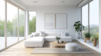 Defocused shot of a bright, airy Scandinavian-style living space with minimalist design....