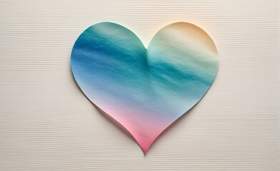 Watercolor depiction of heart-shaped paper delicately placed on the edge of a minimalist canvas background, soft pastel gradients. Generative AI
