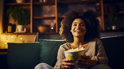 Woman enjoying a movie night at home - Powered by Adobe